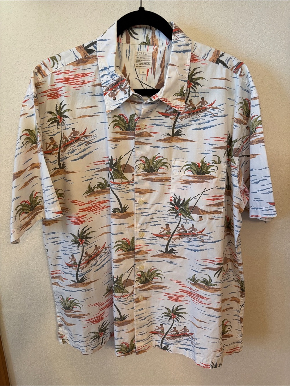 J. Crew Cream Camp Shirt with Green, Red & Blue Tropical Print